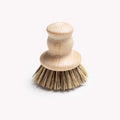 Field natural fiber brush standing upright on its bristles, turned wood handle above thumbnail